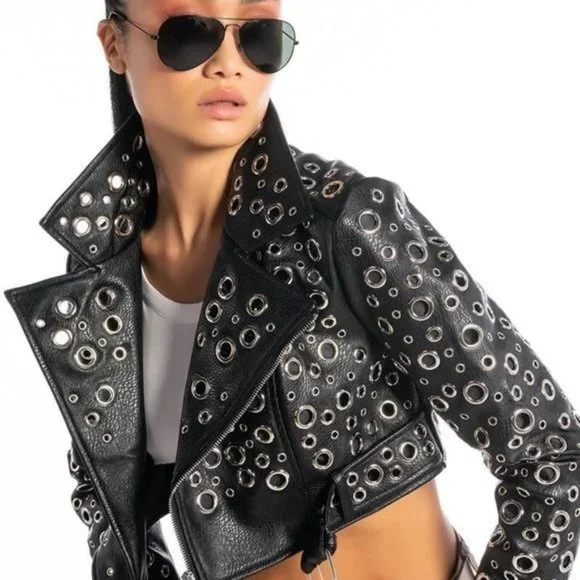 Miz 360: Circle of Life Cropped Grommet Vegan Leather Moto Jacket Large - Picture 4 of 13